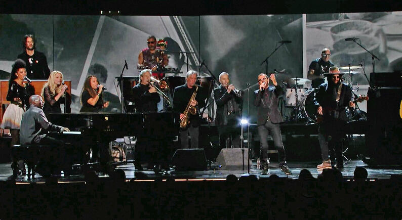 2014 Grammy Awards with Ringo Starr performing 'Photograph'. Greg Phillinganes (organ), Rami Jaffee (upright piano), Judith Hill, Kari Kimmel, Carmel Echols (background vocals), Lenny Castro (percussion), Nick Lane (trombone), Larry Williams (tenor sax).