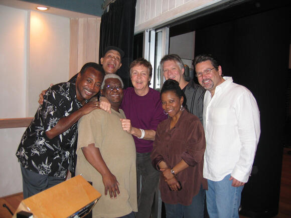 George Benson, Al Jarreau, Abraham Laboriel, Paul McCartney, Patrice Rushen, Larry Williams, and John Burk of Concord Records, &quot;Givin&#39; It Up&quot; sessions