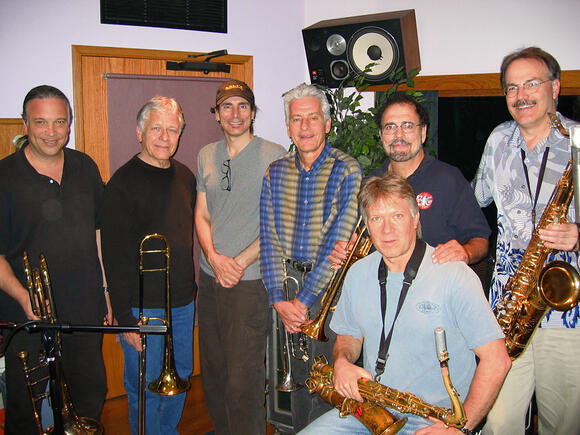 Seawind Horns & Steve Vai (from left, Bill Reichenbach, Charlie Loper, Vai, Jerry Hey, Gary Grant, Larry, Dan Higgins), April 2004