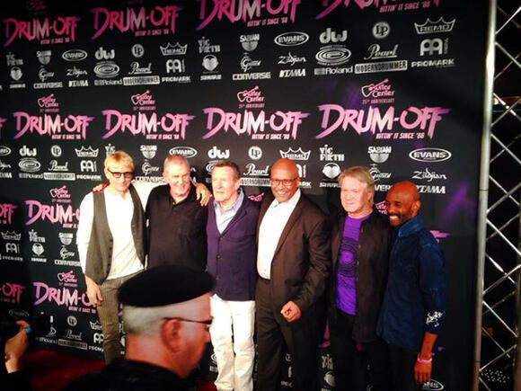Red carpet at Guitar Center's Drum-Off at Club Nokia, Los Angeles, Jan 18, 2014 - Will Lee, Molly Duncan, Hamish Stuart, Steve Ferrone, Larry Williams, David Green.
