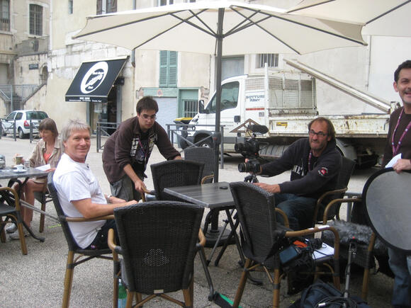 Larry being interviewed for French TV at the Jazz à Vienne Festival, Vienne, France, 2011
